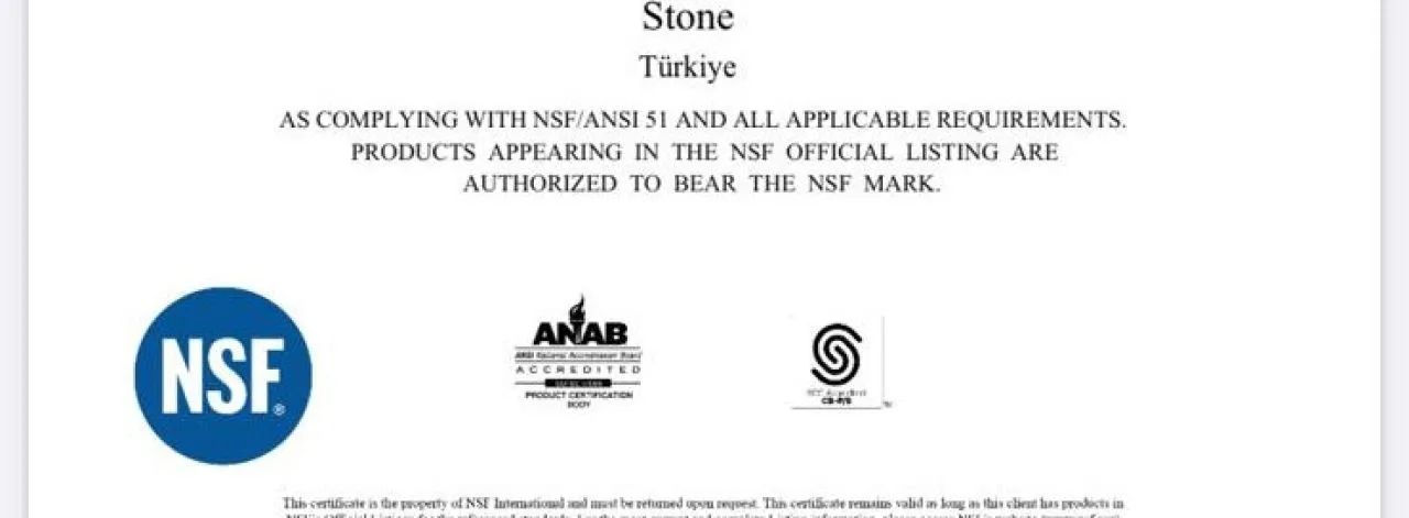 NG KÜTAHYA SERAMİK, ULUSLARARASI NSF (NATIONAL SANITATION FOUNDATION) SERTİFİKASINI TÜRKİYE’DE İLK ALAN SERAMİK MARKASI OLDU